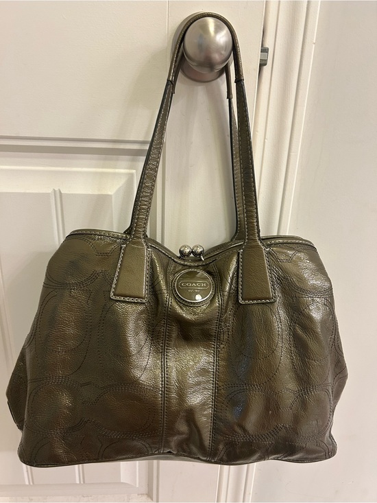 Coach Handbags - Coach Signature C Stitch Patent Leather Kisslock Satchel Tote Metallic Olive